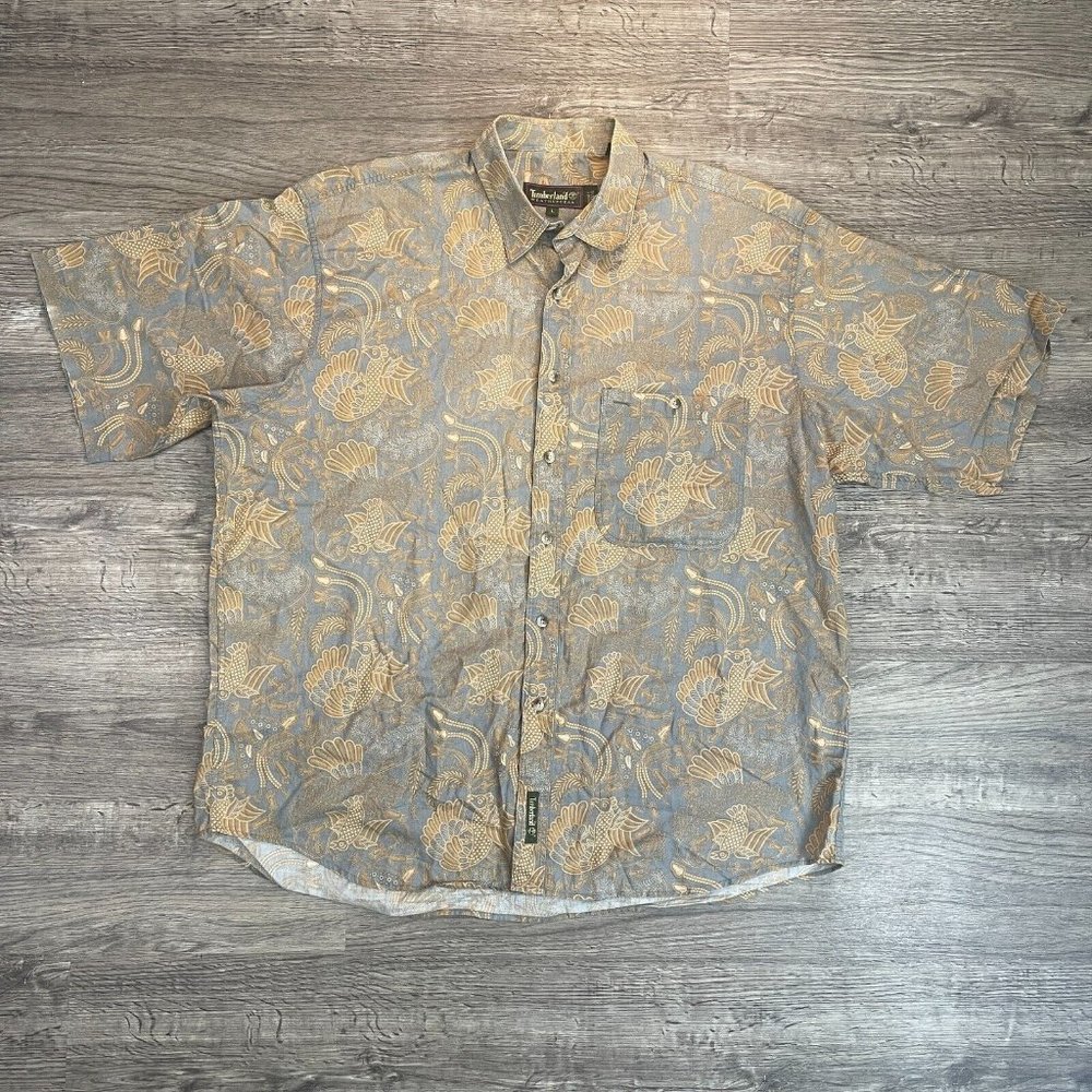 Timberland Weathergear Blue Tan Birds Filagree S/S Buttondown Casual Shirt Sz L
